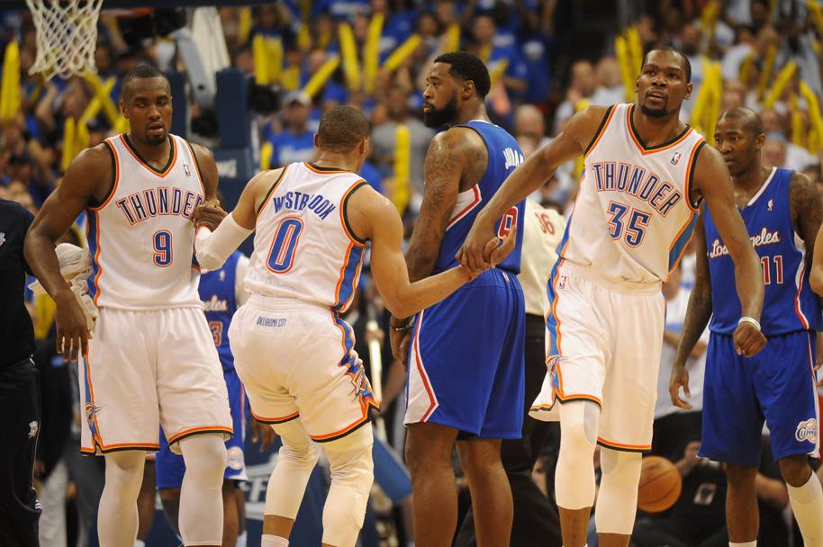 Da sinistra Serge Ibaka, Russell Westbrook, Kevin Durant (Reuters)